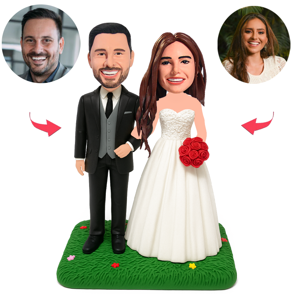 Wedding Couple Holding Red Bouquet Custom Bobbleheads