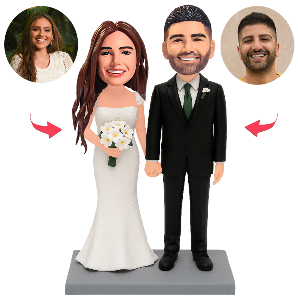 Couple in Black Suit and White Wedding Dress Custom Bobbleheads
