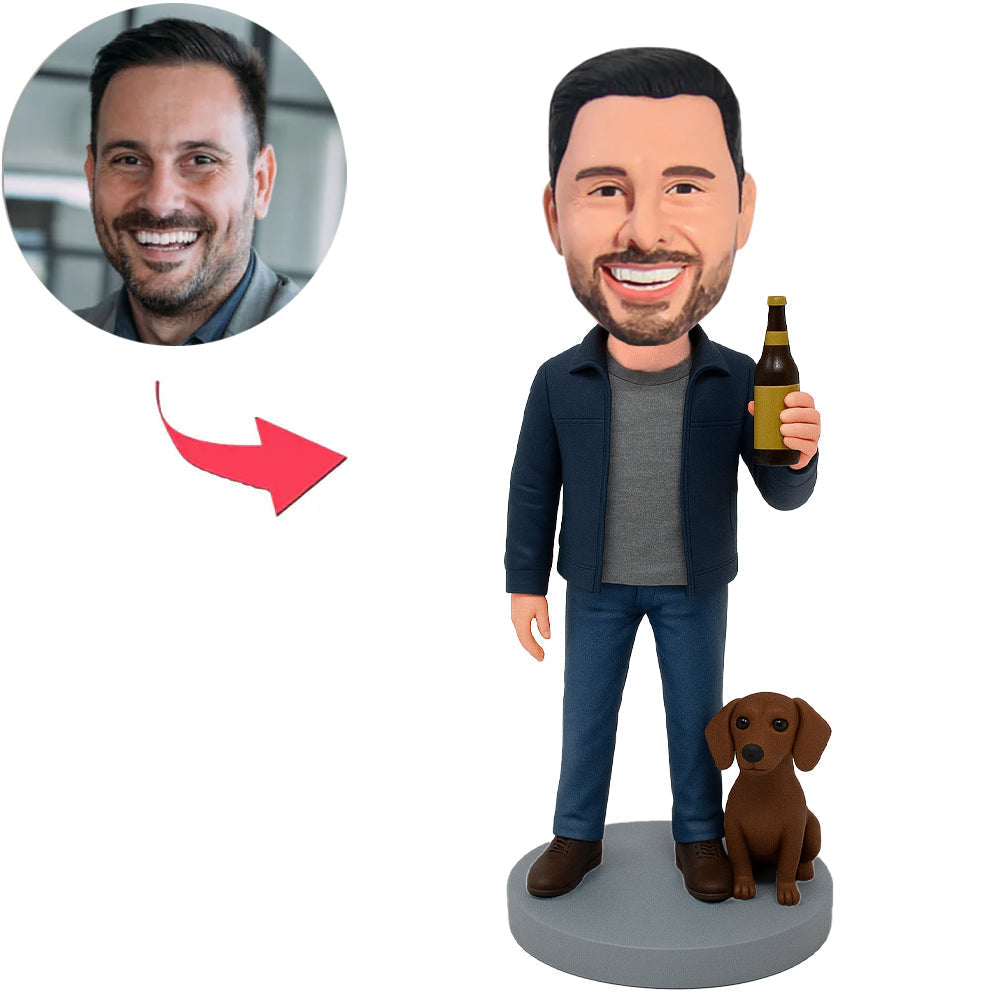 Man Holding Beer Bottle with Dog Custom Bobbleheads