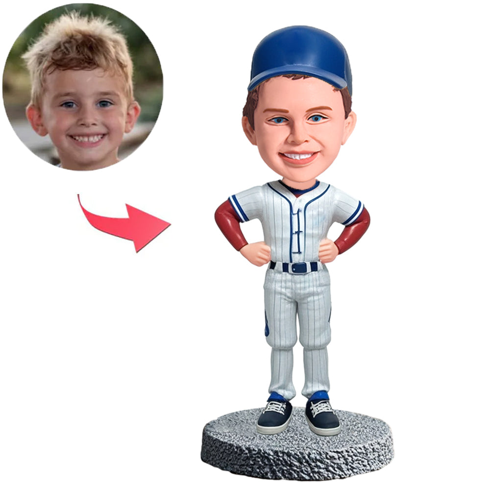 Little Kid Baseball Player with Blue Hat Custom Bobbleheads