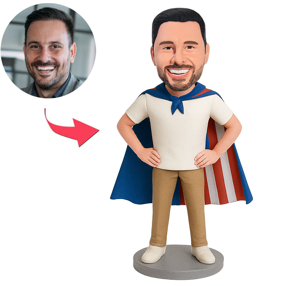 Man Wearing American Flag Cape Custom Bobbleheads