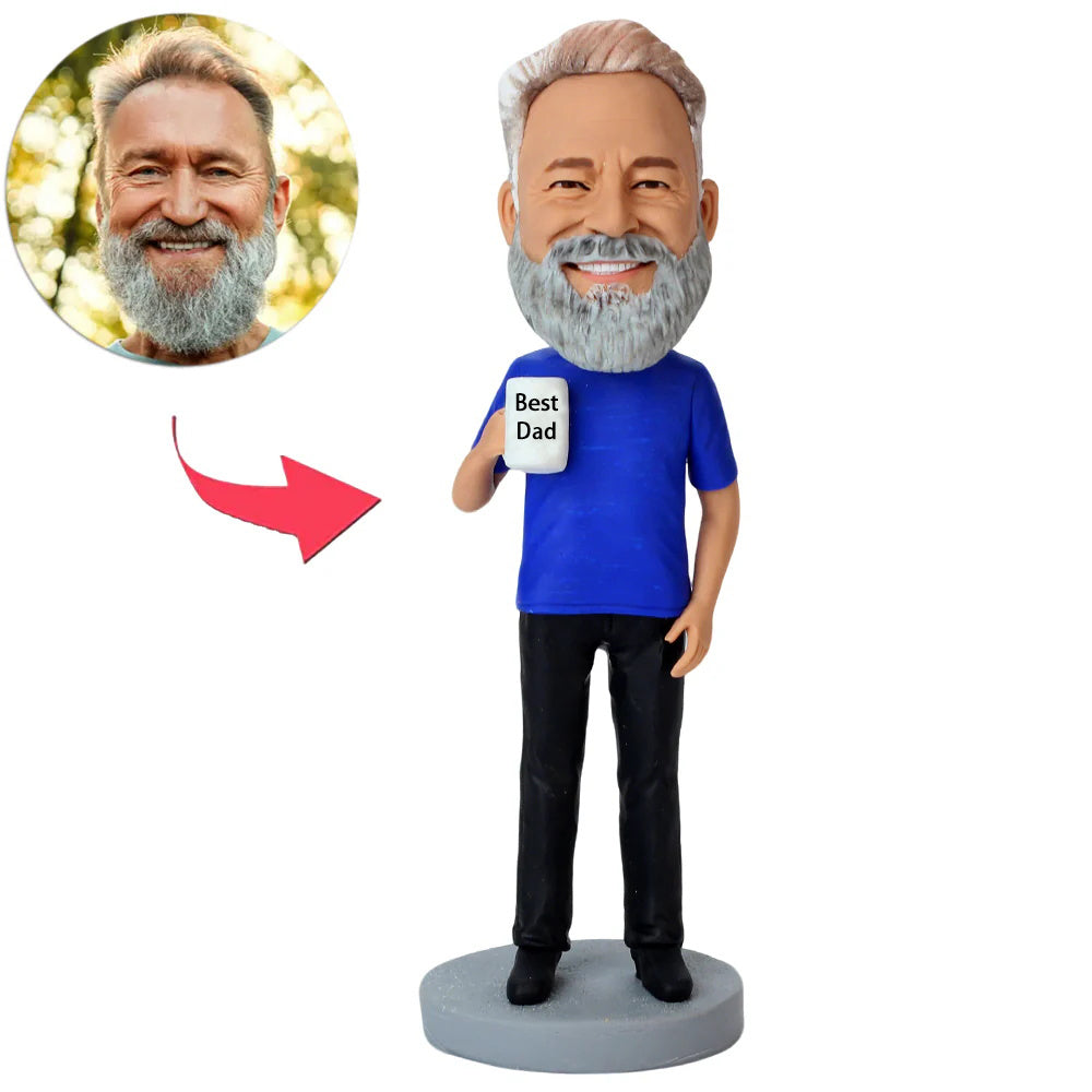 Man in Blue Shirt Holding Best Dad Cup Custom Bobbleheads