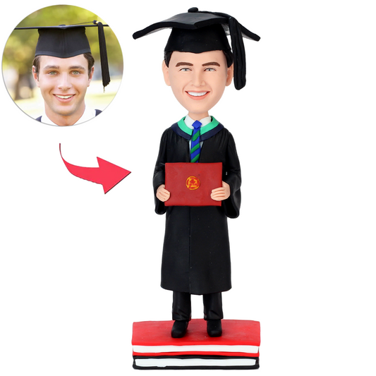 Happy Graduated Boy Standing on Books Custom Bobbleheads