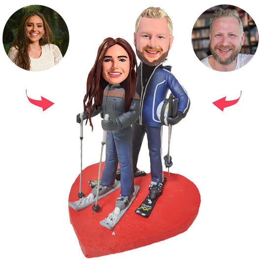 Heart Skiing Happy Couple Custom Bobblehead