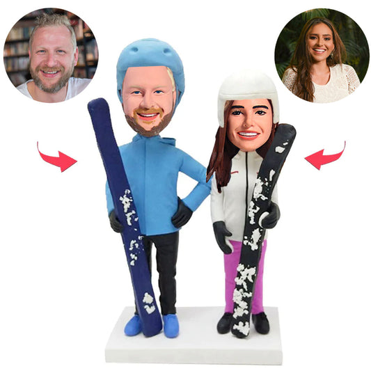 Holding Skis Couple Custom Bobblehead