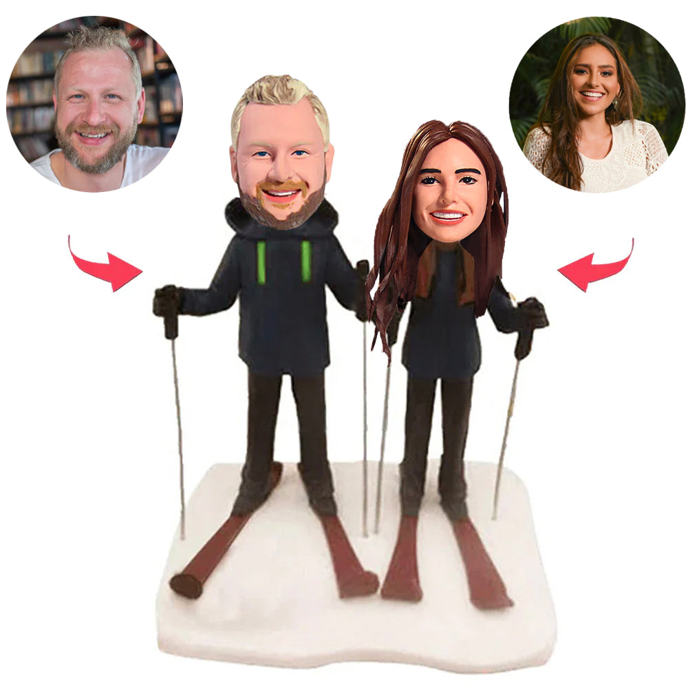 Happy Skiing Couple Custom Bobbleheads