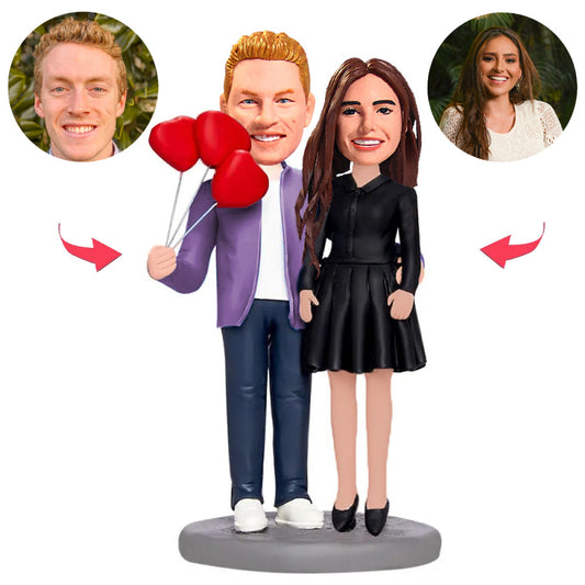 Holding Three Heart Balloon Couple Custom Bobblehead