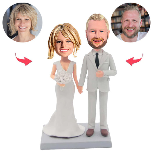 White Suit Wedding Couple Custom Bobbleheads
