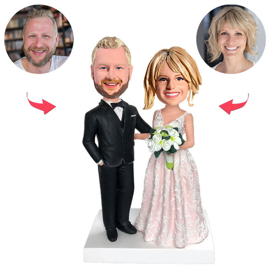 Couple in Black Suits and Wedding Dresses Custom Bobbleheads