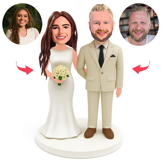 Couple in Beige Suit and Wedding Dress Custom Bobbleheads