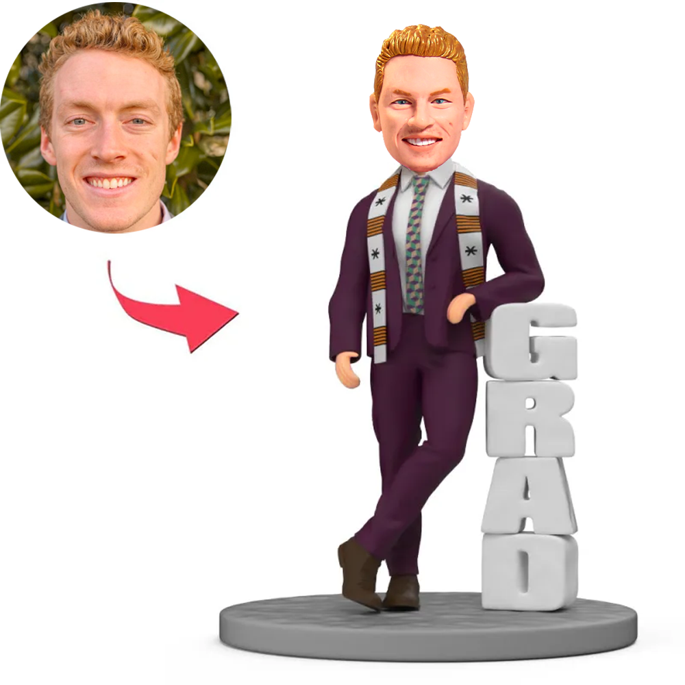 Happy Graduation Man Leaning on GRAD Custom Bobbleheads