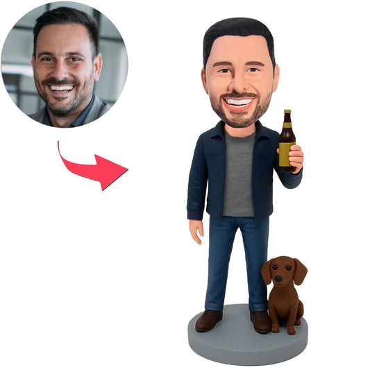 Man Holding Beer Bottle with Dog Custom Bobbleheads