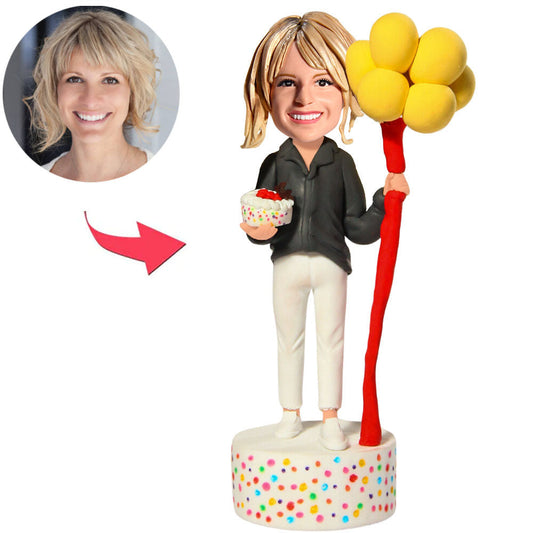 Birthday Gifts Woman Holding Birthday Cake And Balloons Custom Bobbleheads