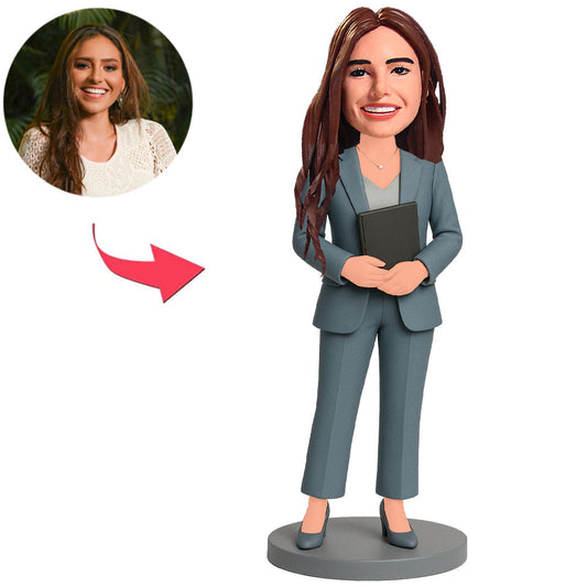Business Lady in Blue Gray Suit Custom Bobbleheads