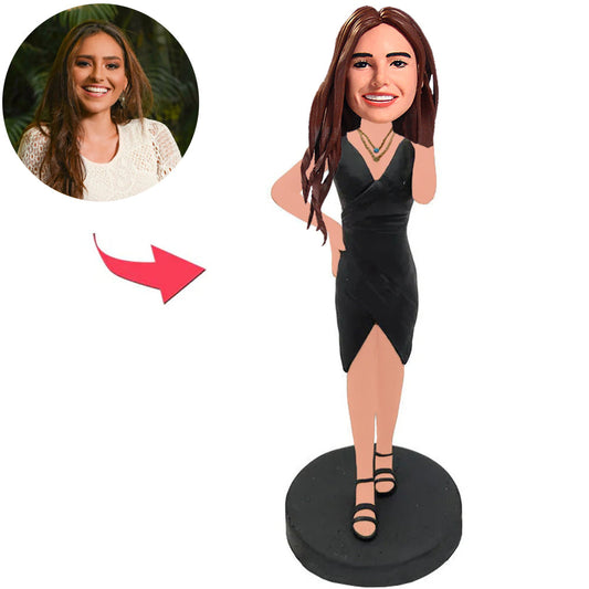 Woman in Black Dress with Necklace Custom Bobbleheads